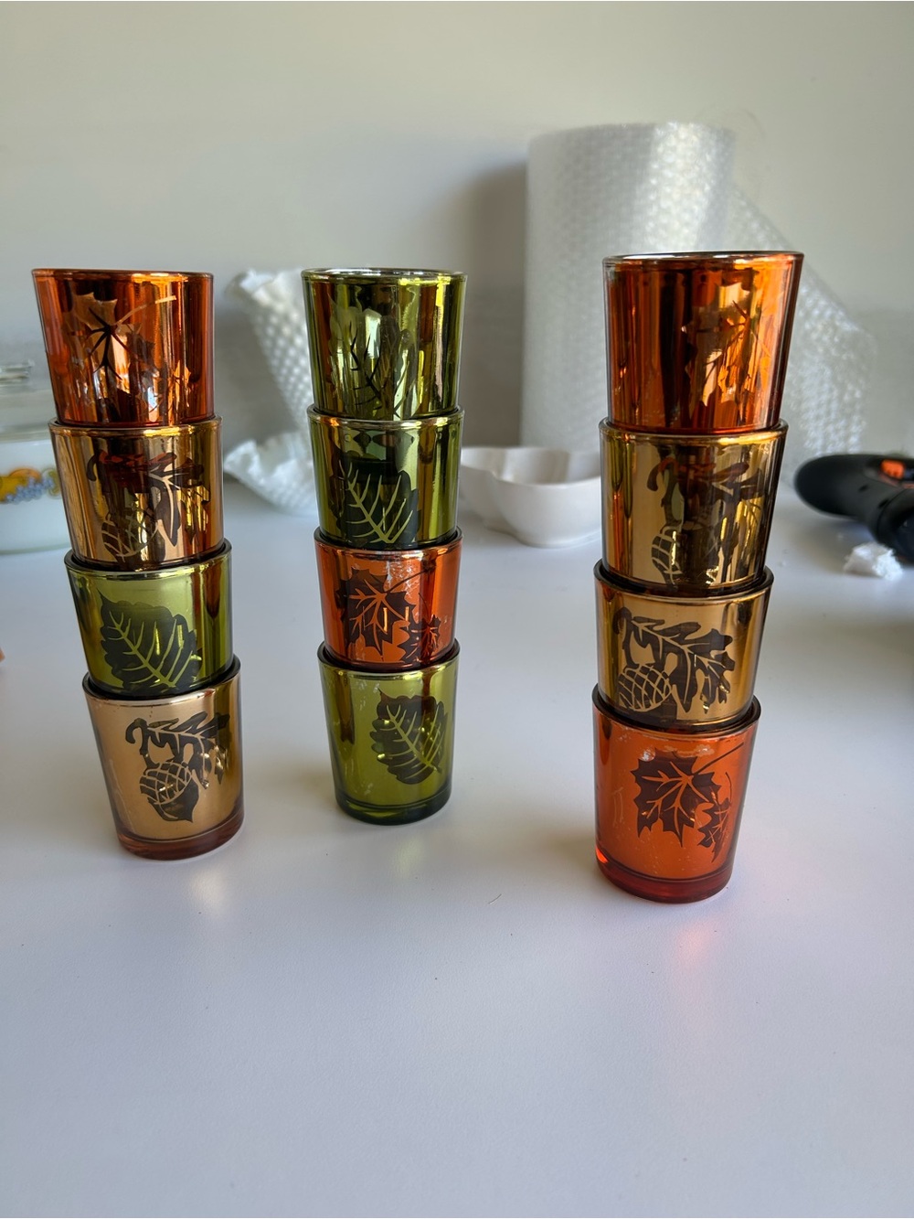 Vintage 12 ct Festive Fall tea light glass - Orange & Green